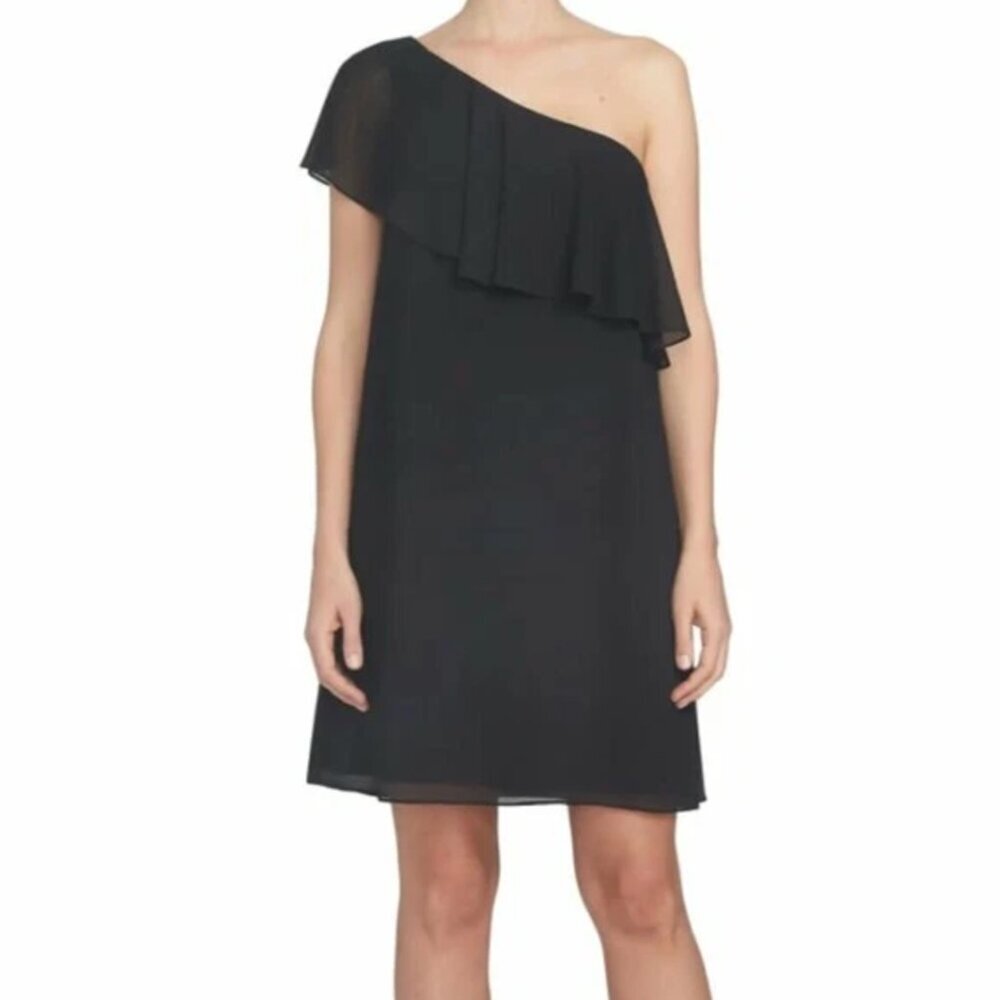 NWOT CECE CYNTHIA STEFFE One Shoulder Ruffle Trimmed Shift Dress Black LBD 4